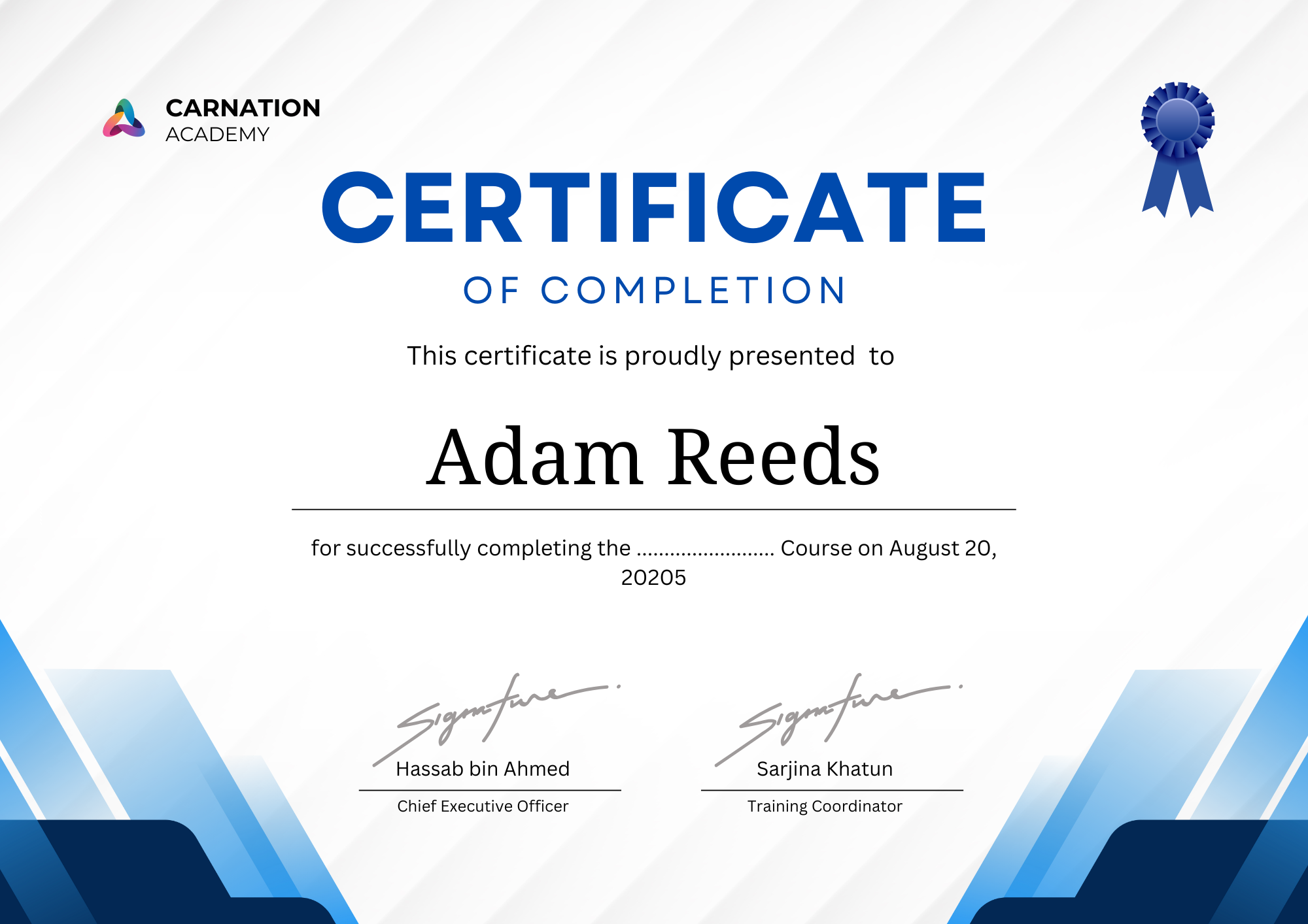 Course Certificate Sample